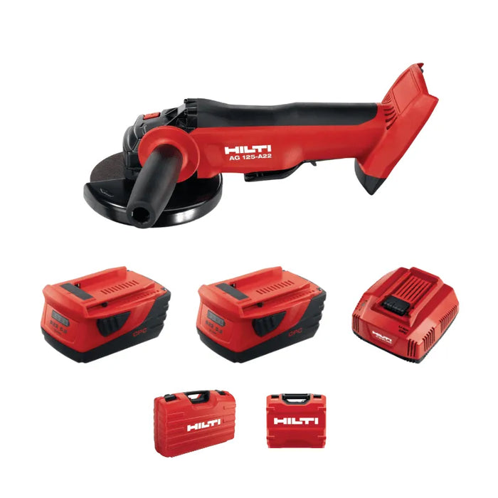 Meuleuse d'angle HILTI 22V Li-Ion (2x 5.2Ah) Ø125mm + mallette AG 125-A22 + B22 5.2 + C4/36-350 - Reconditionné - Drakare