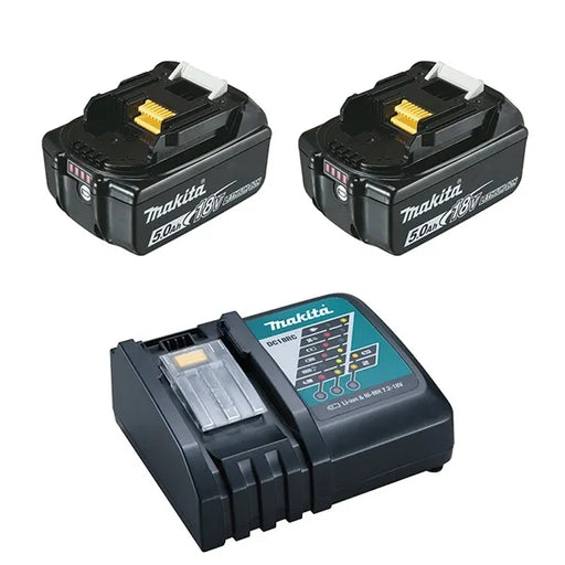 Pack 2 batteries + 1 chargeur Makita 18V Li-Ion 5 Ah BL1850B + DC18RC - Reconditionné - Drakare