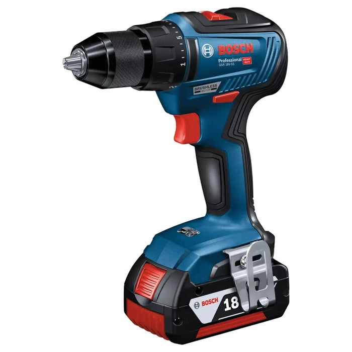 Perceuse visseuse BOSCH PRO 18V Li-Ion (2x 4Ah) 55Nm + coffret L-Boxx GSR 18V-55 - Occasion - Drakare