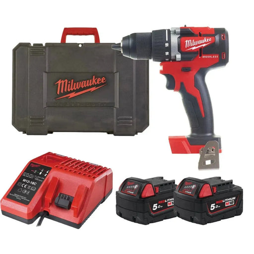 Perceuse visseuse compacte MILWAUKEE 18V Li-Ion (2x 5Ah) 60Nm + mallette M18 CBLDD-502C - Reconditionné - Drakare